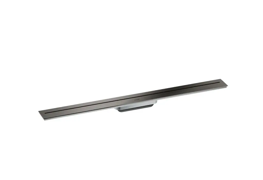 Schlanke Duschrinne in Polished Black Chrome, hergestellt von AXOR, mit zwei Längsschlitzen zur Wandmontage. Einheitliches Design für moderne Badezimmer.